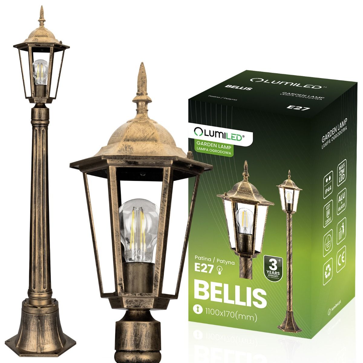 Tuinlamp – Lage Buitenlantaarn op Paal – 1 m Hoog – E27 – Patina