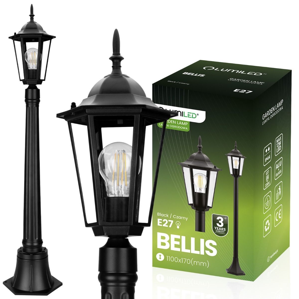 Tuinlantaarn – Buitenlamp op Paal – E27 – 1 m Hoog – Zwart