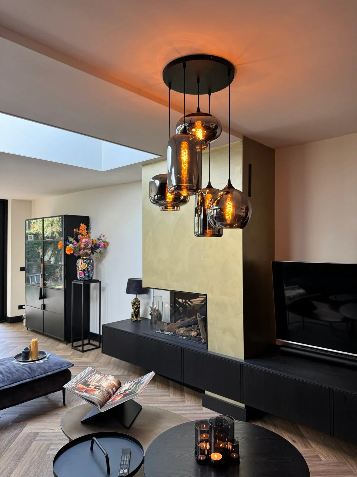 Grote hanglamp van glas en metaal 5 lichts mix